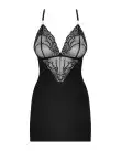 Сатиновый комплект для сна с кружевом Obsessive 828-CHE-1 chemise & thong S/M, черный photo 3